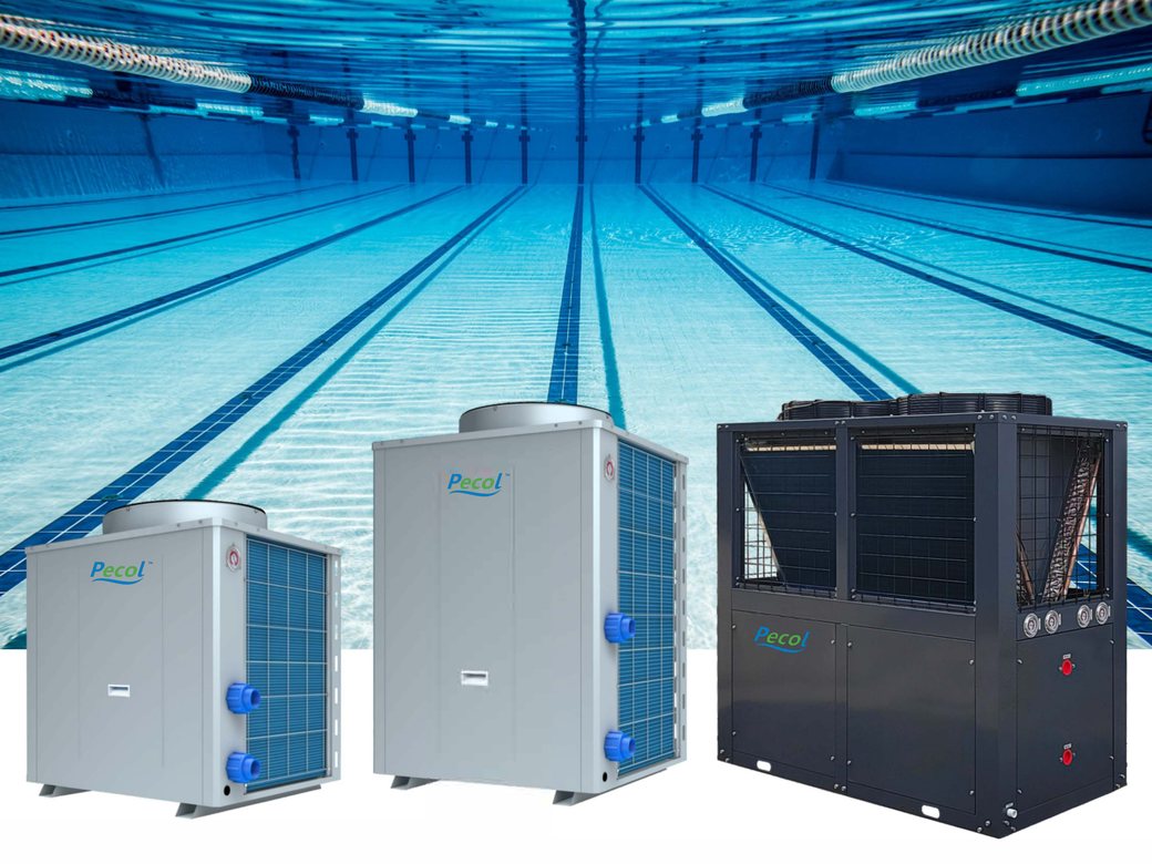 Pecol house spa and commercial swimming pool heat pumps beside a swimming pool