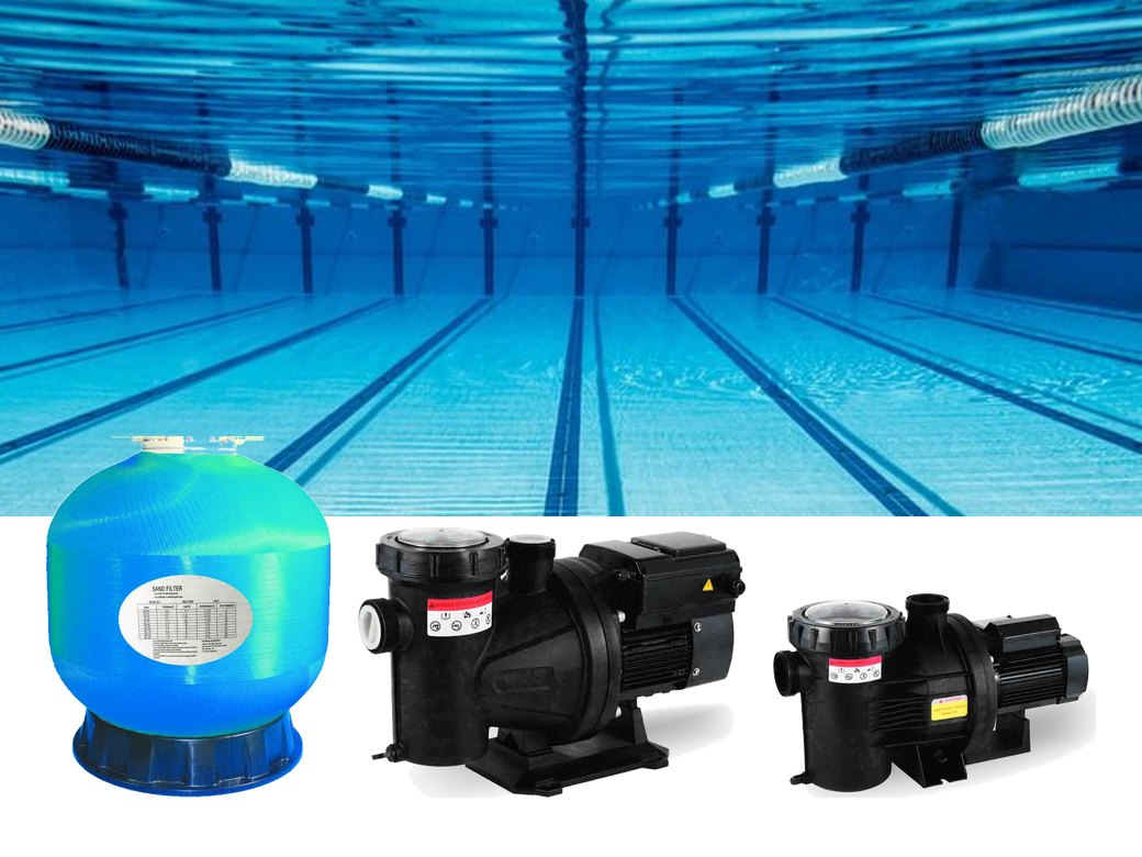 Bombas de piscina y filtro de arena de Pecol junto a una piscina