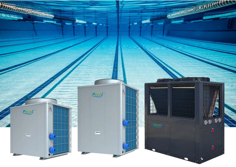 Pecol swimming pool heat pumps beside a pool